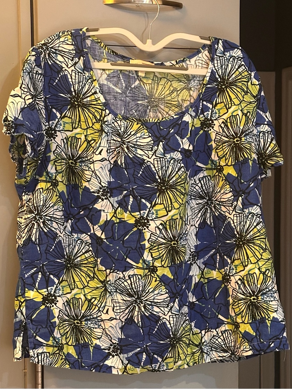 Choices Blue & Yellow Floral Scoop Neck Short Sleeve Top